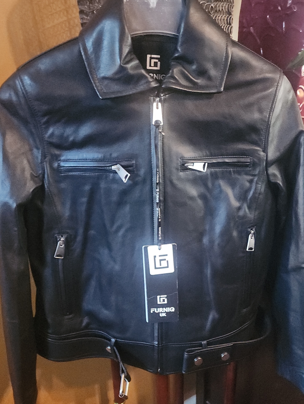 FURNIQ Black Leather Jacket - Classic Zip Front NWT Size L